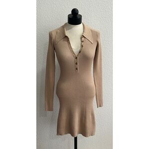 ARAMINTA JAMES Knit Long Sleeve Mini Dress Solid Ecru Tan Ribbed Collared XS